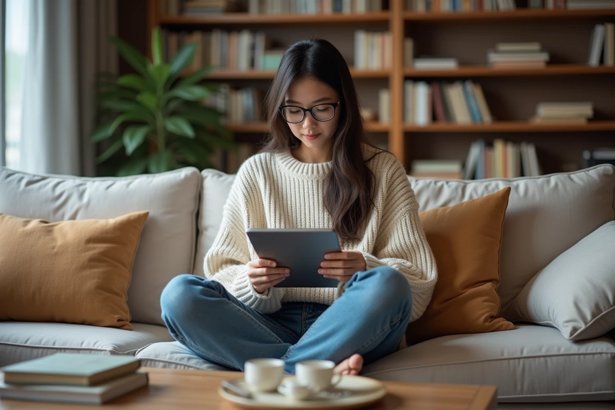 Jeune femme lisant manga sur un sofa moderne