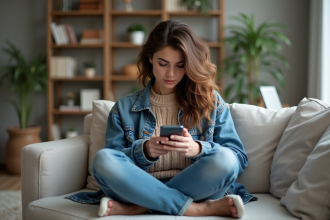 Jeune femme en streetwear lisant sur un sofa moderne