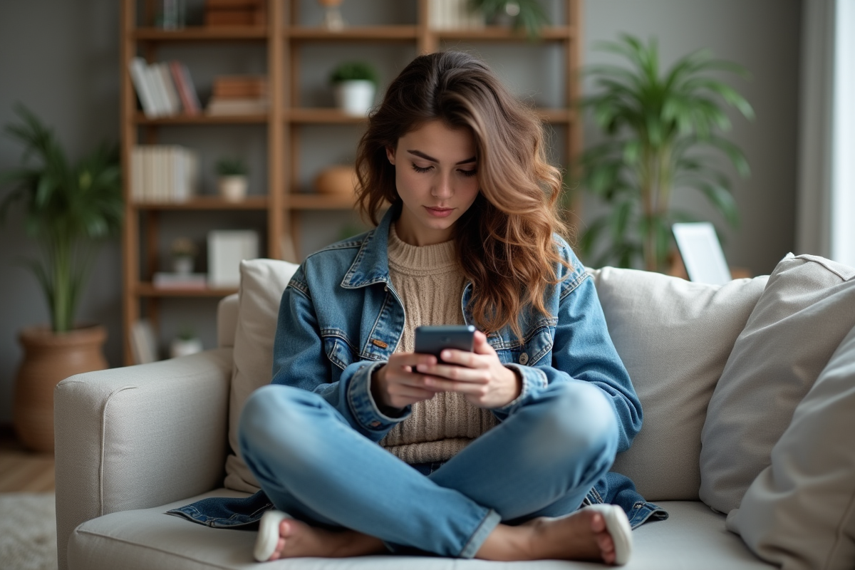 Jeune femme en streetwear lisant sur un sofa moderne