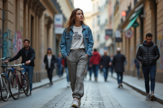 Jeune femme en streetwear décontracté dans une ville européenne