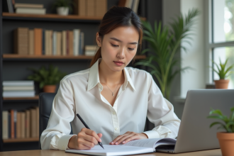 Jeune femme concentrée travaillant sur des documents de traduction