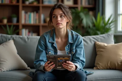 Jeune femme pensif en denim vintage dans un salon