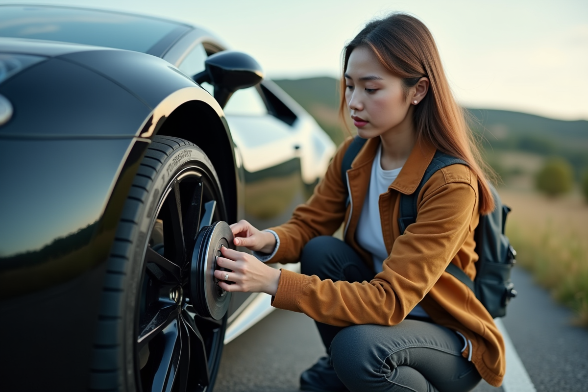 Jeune conductrice examinant un disque de frein sur sa voiture