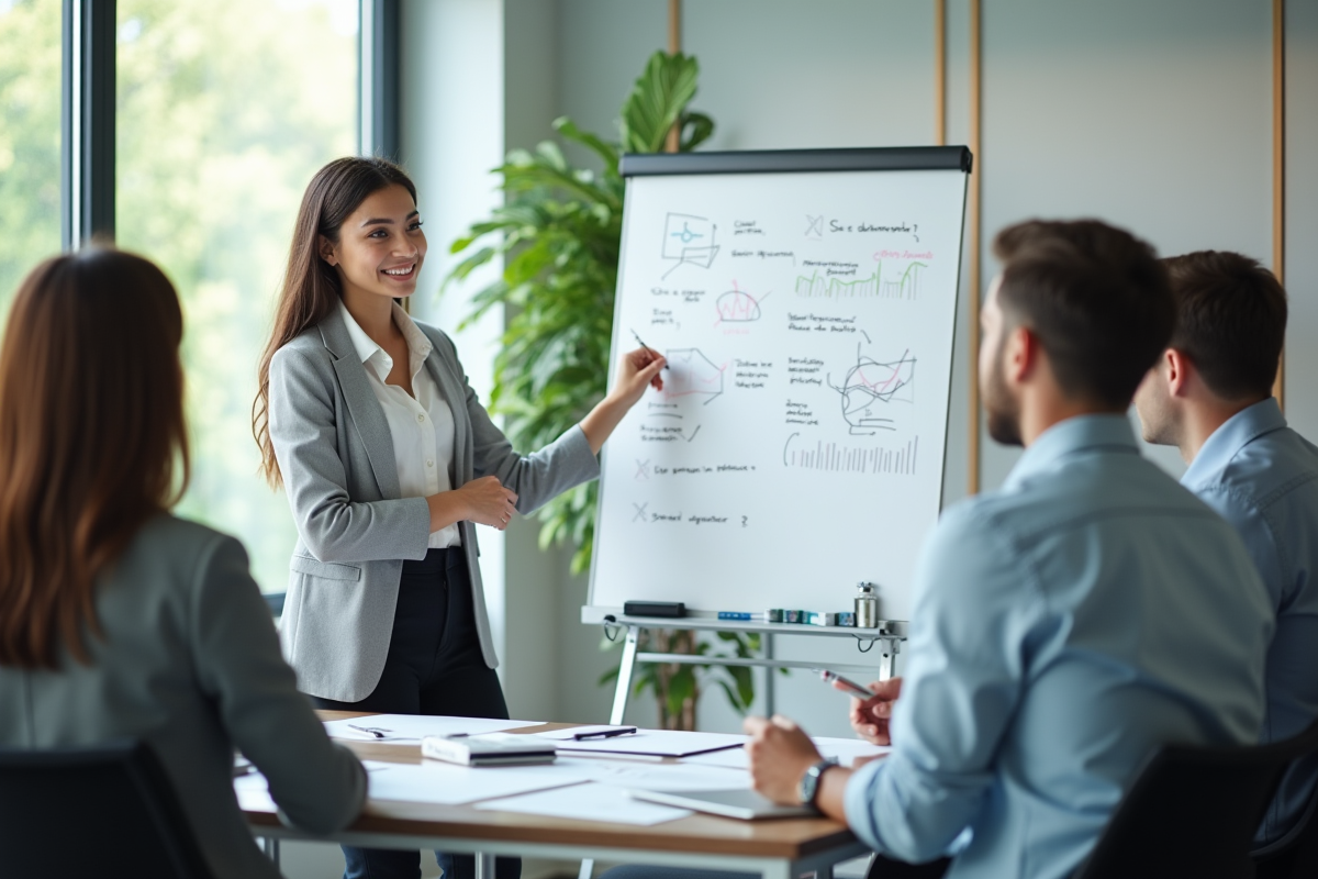 Jeune femme expliquant un diagramme au tableau blanc