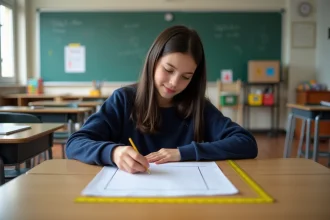 Jeune fille de 13 ans mesure un rectangle à l'école