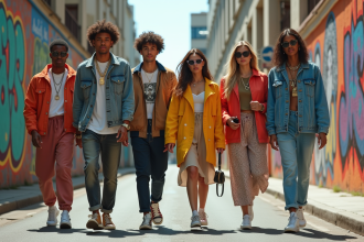 Groupe de jeunes en mode urbaine dans la rue ensoleillée