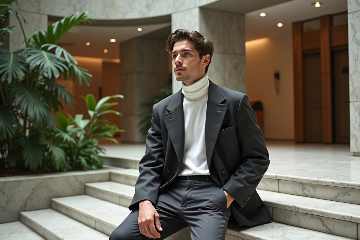 Jeune homme en tenue mode dans un atrium sophistiqué