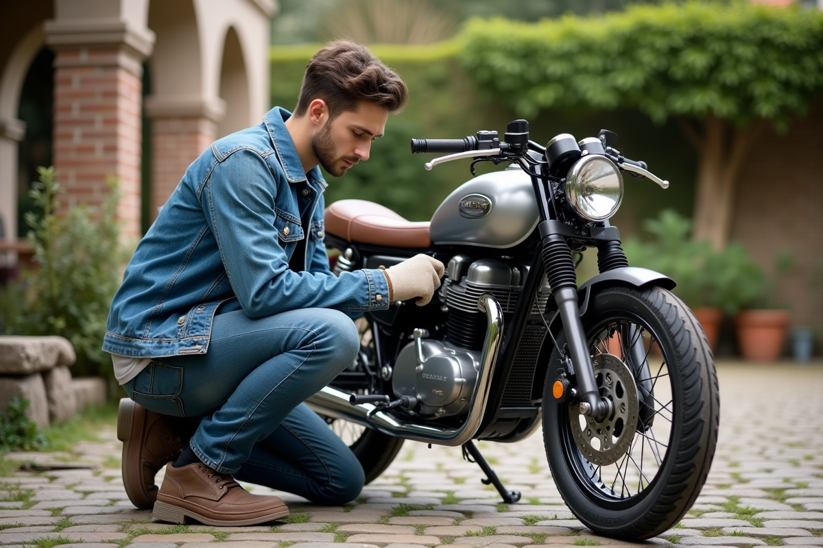 Jeune homme vérifiant la chaîne d'une moto customisée