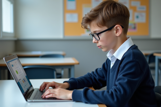 Adolescent concentré sur son ordinateur en salle de classe