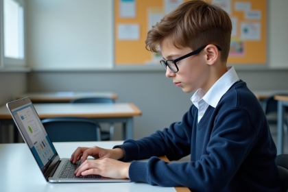 Adolescent concentré sur son ordinateur en salle de classe