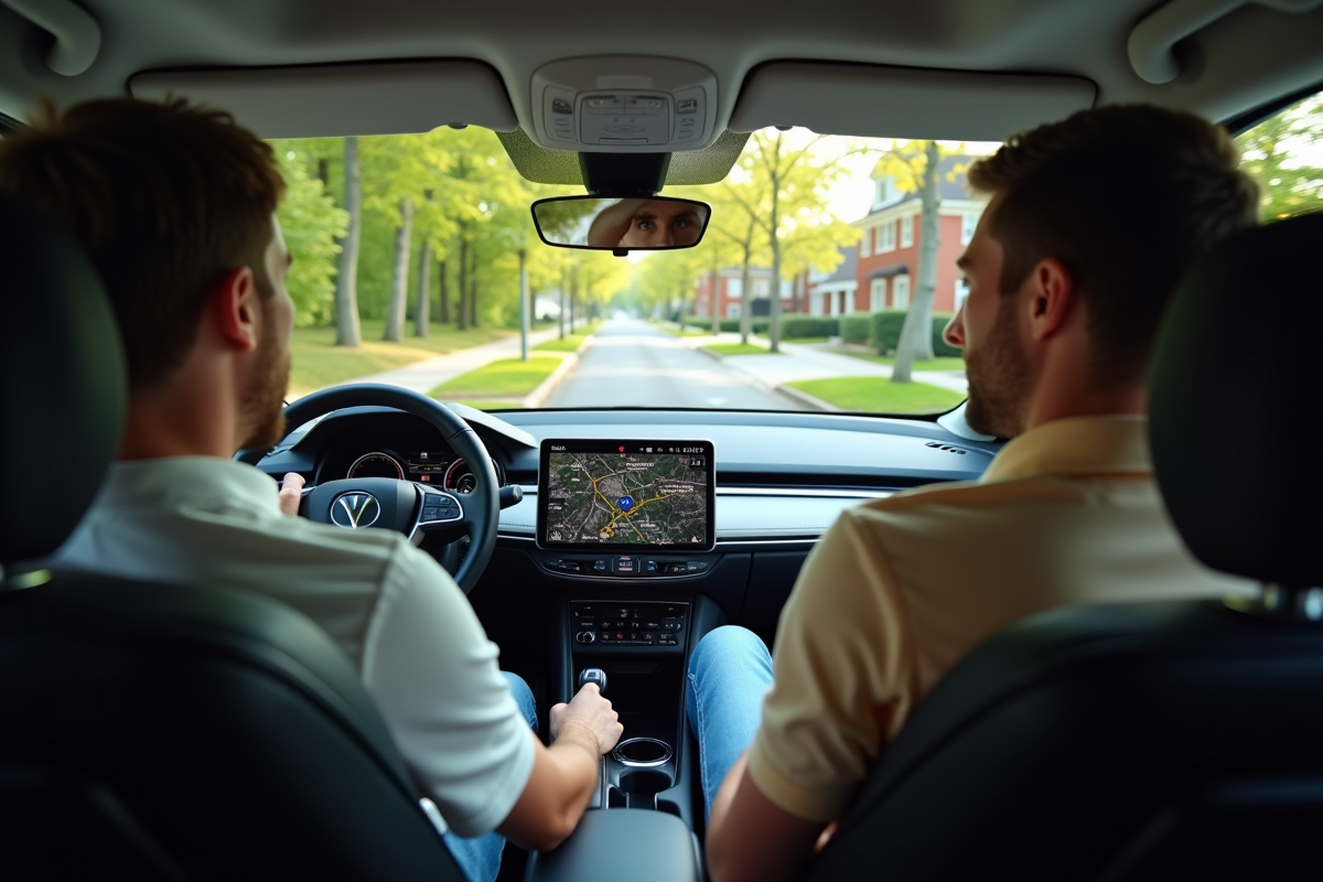 Jeune homme regardant la carte dans une voiture en mouvement