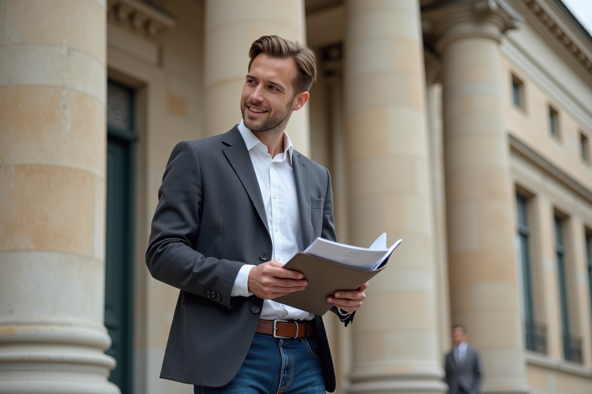 Jeune homme français tenant des rapports financiers devant un bâtiment