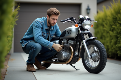 Jeune homme en denim répare une moto 50cc dans la cour
