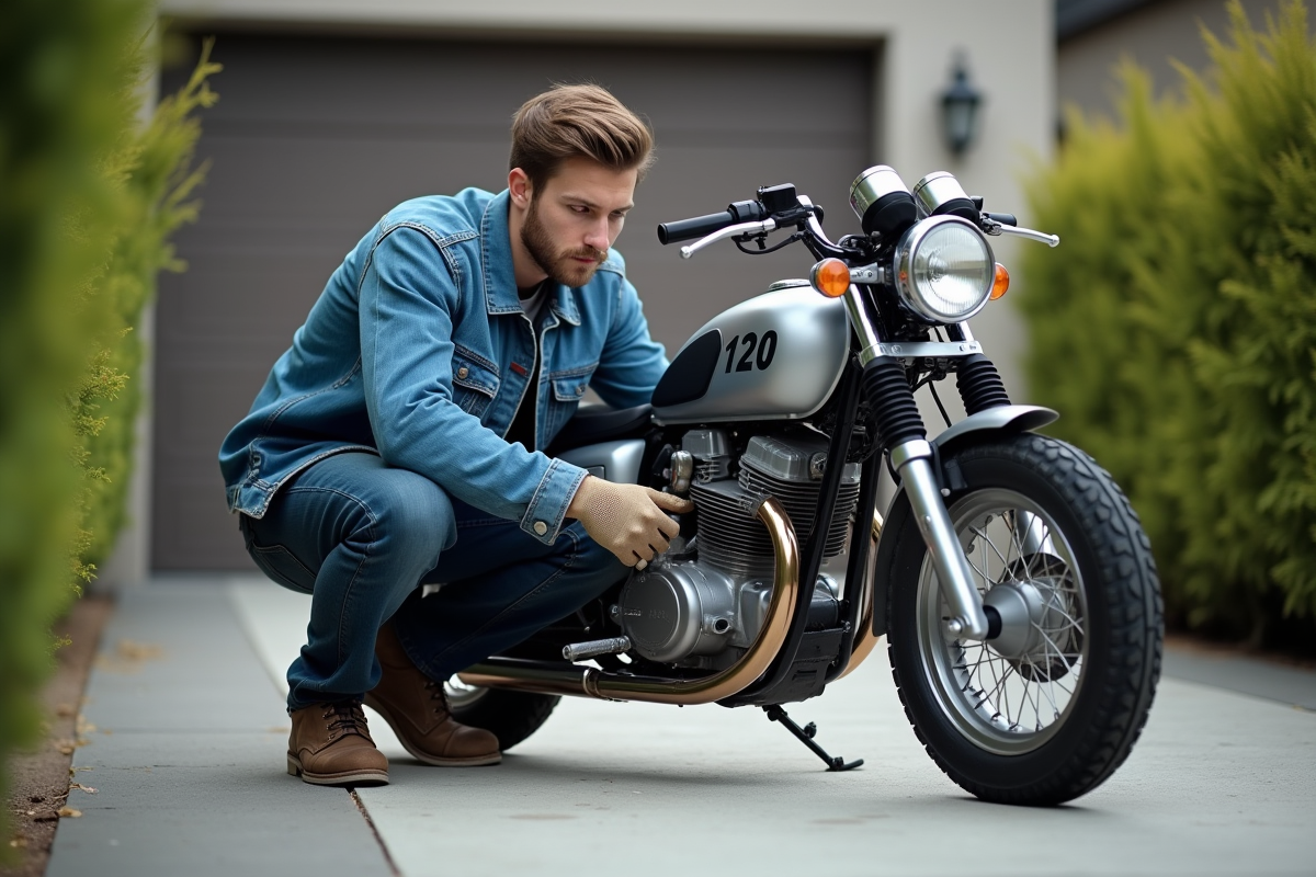 Jeune homme en denim répare une moto 50cc dans la cour