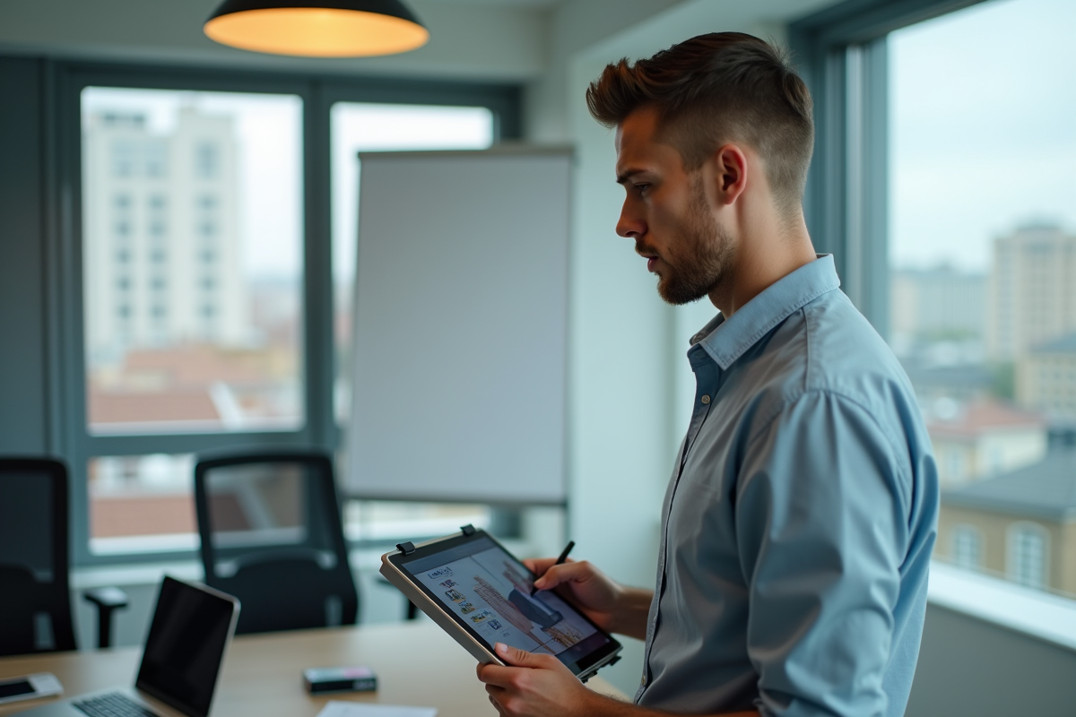 Jeune homme en visioconference dans une salle moderne