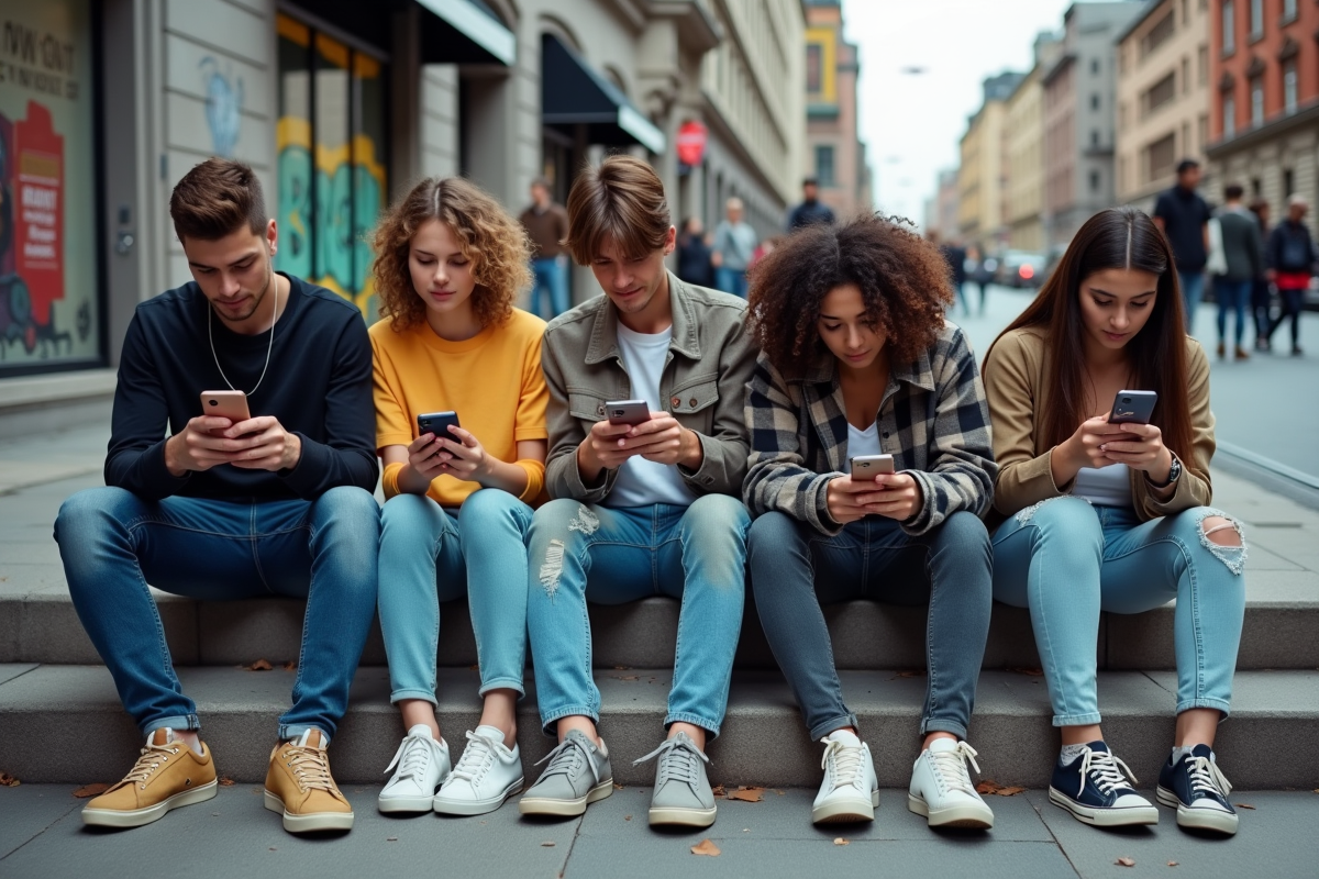 Groupe de jeunes adultes avec smartphones en ville