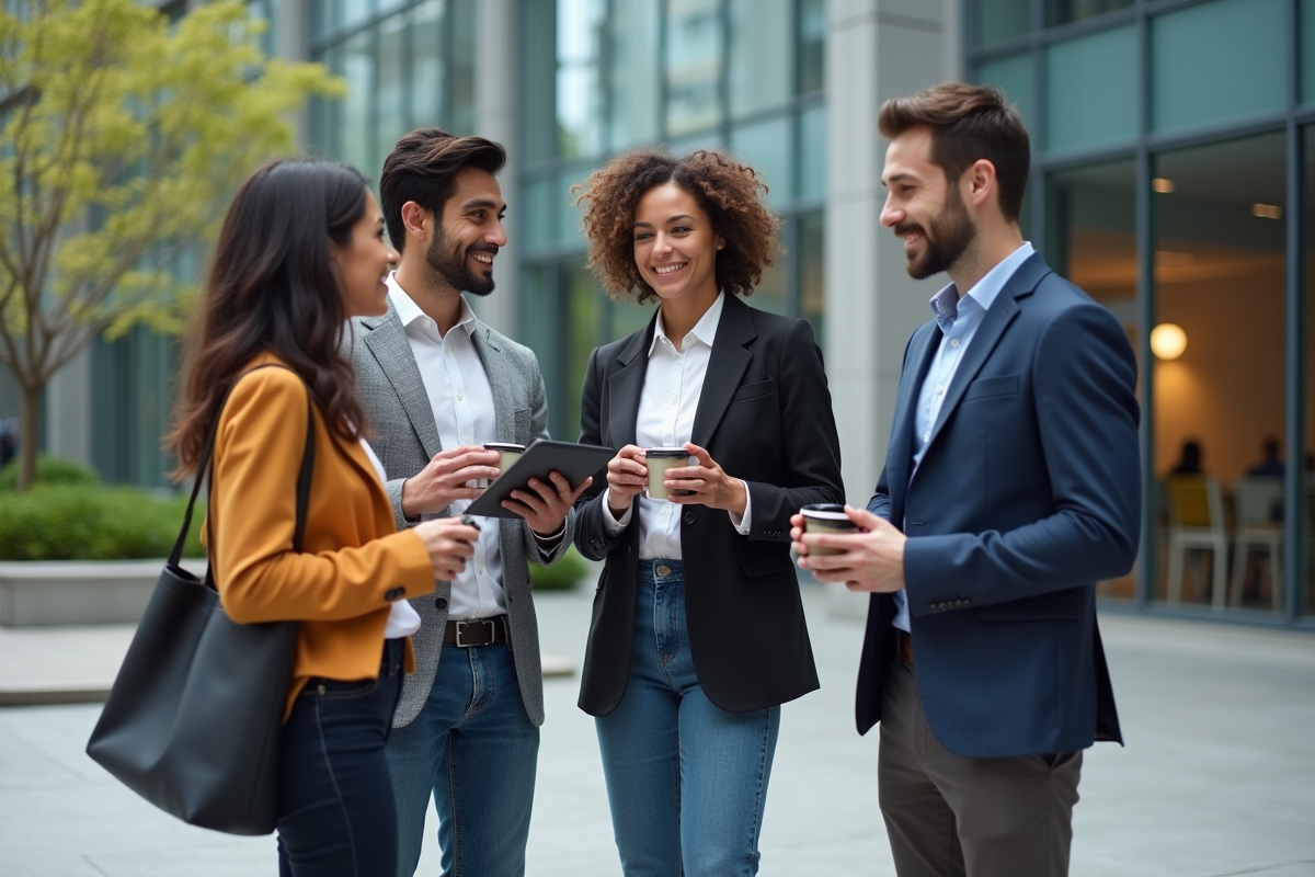 Groupe de jeunes professionnels en discussion en extérieur