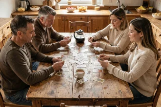 Quatre adultes jouant à la coinche autour d'une table en bois dans un intérieur chaleureux
