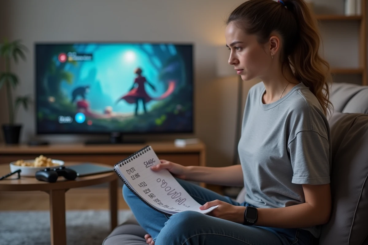 Joueuse prenant des notes manuscrites sur les prix du marché virtuel d'un jeu de rôle en ligne
