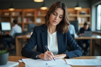 Journaliste professionnelle analysant des documents dans une salle de rédaction moderne, illustrant le travail de vérification des faits et des rumeurs