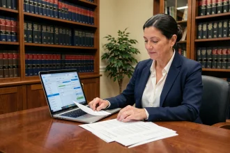 Juriste femme consultant une base de données juridique en droit public sur ordinateur portable dans un bureau avec des codes administratifs