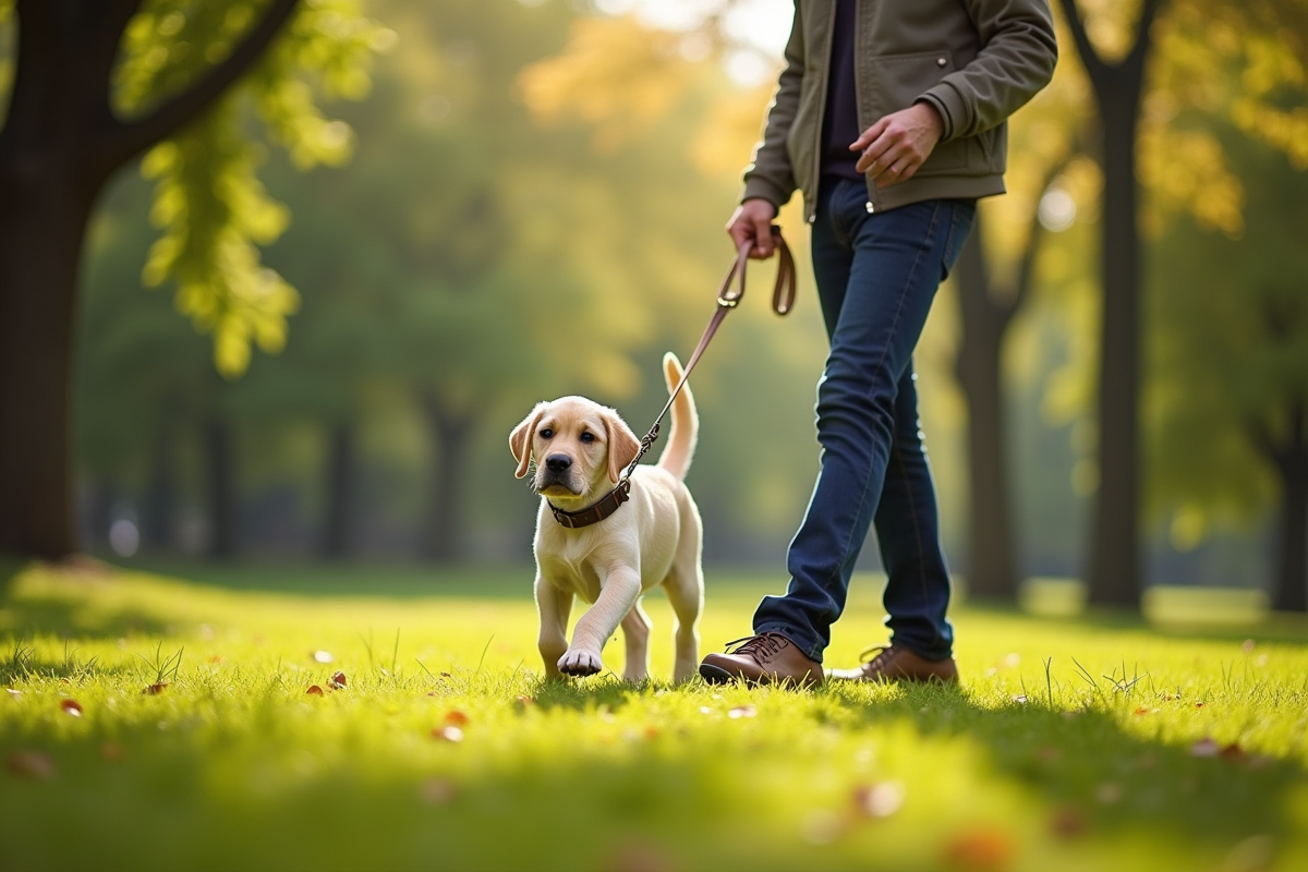 Labrador en promenade dans un parc avec un homme et un lais