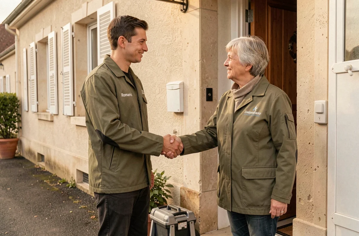 Romaric Lamande plombier serrant la main d'une cliente satisfaite devant une maison pavillonnaire en Eure-et-Loir