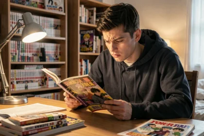 Jeune homme lisant un manga One Punch Man à son bureau encombré de volumes et de pages imprimées