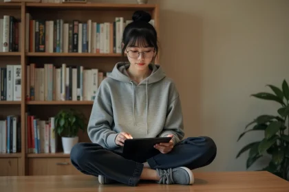 Jeune femme lisant des mangas et webtoons sur une tablette numérique dans un bureau cosy entouré de volumes de manga