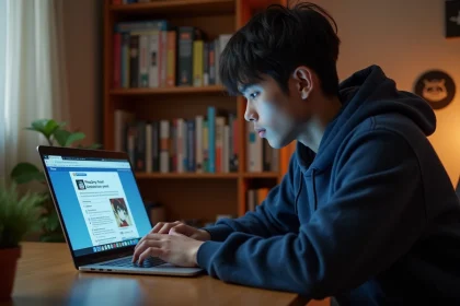 Jeune homme lisant des scans de manga sur Discord depuis son ordinateur portable dans une chambre cosy remplie de mangas