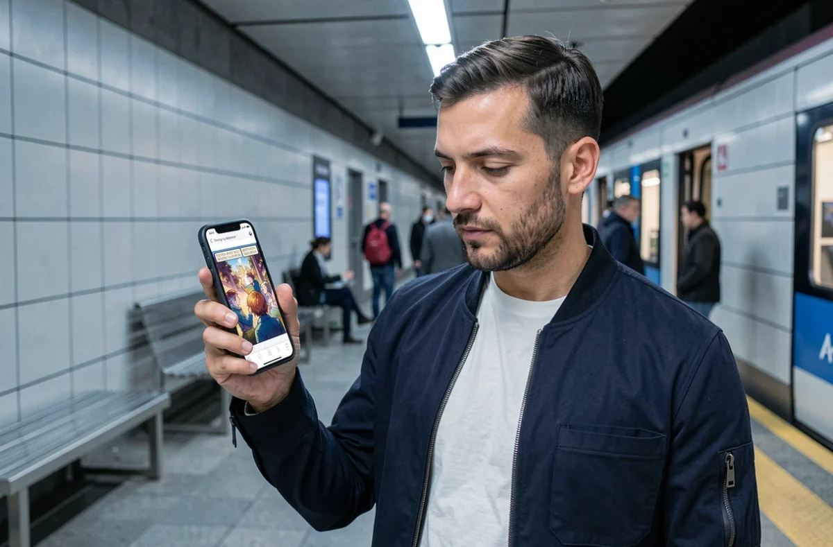 Homme consultant l'application Epsilon Scan sur son téléphone dans le métro, illustrant la lecture de webtoons en mobilité en 2026