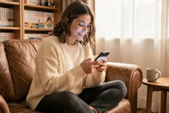 Jeune femme lisant un webtoon sur smartphone depuis l'application Epsilon Scan, installée confortablement dans son salon en 2026
