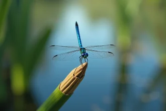 Libellule bleue posée sur un roseau au bord d'un étang symbolisant l'amour et la transformation