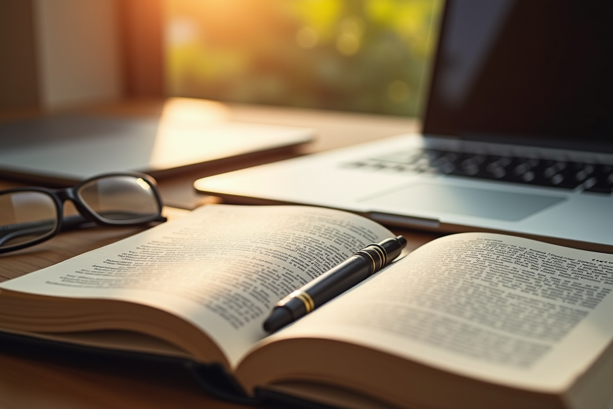 Livre de codes légaux avec lunettes et stylo sur un bureau en matinée