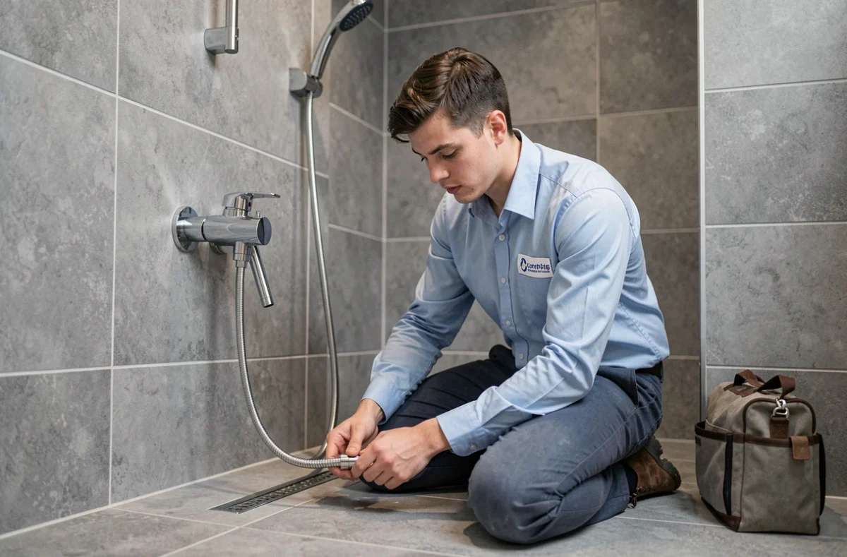 Loic Plomberie Chauffage installant un robinet thermostatique de douche chromé dans une salle de bain moderne