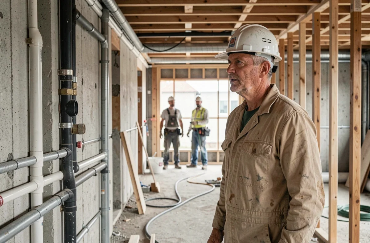 Ouvrier de Lucotte Eteb SARL supervisant des travaux de plomberie sur un chantier de bâtiment à Dijon