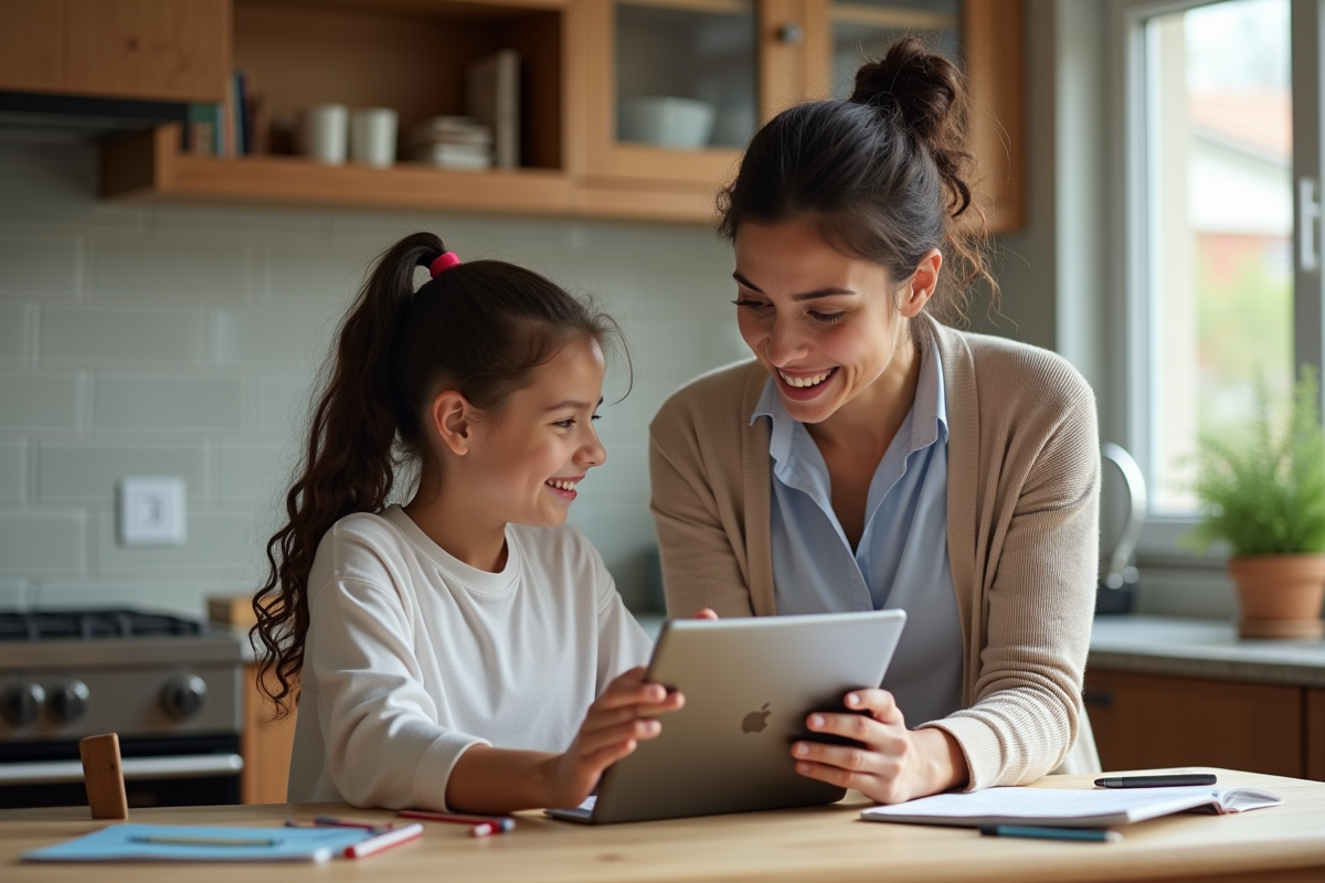 Mère expliquant linterface à sa fille dans la cuisine