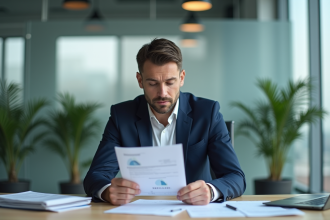 Manager en costume bleu examine des documents d'énergie