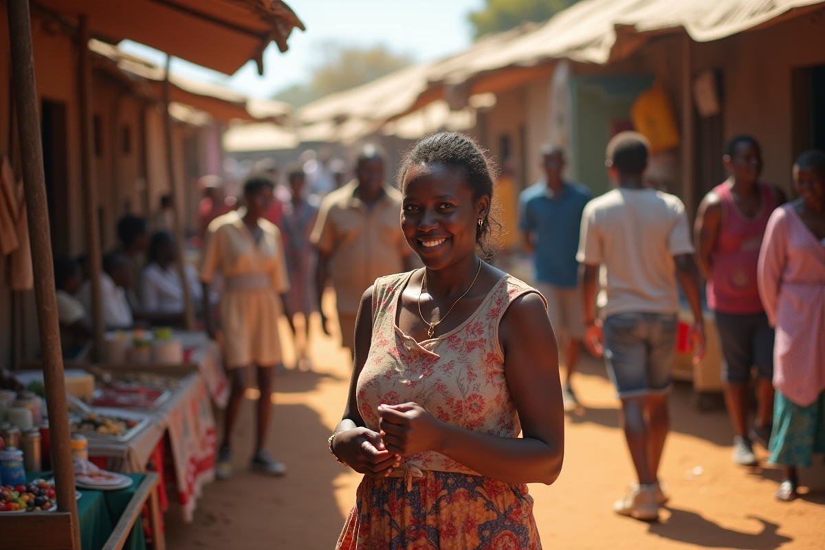 Marché local en Namibie avec touristes et vendeurs