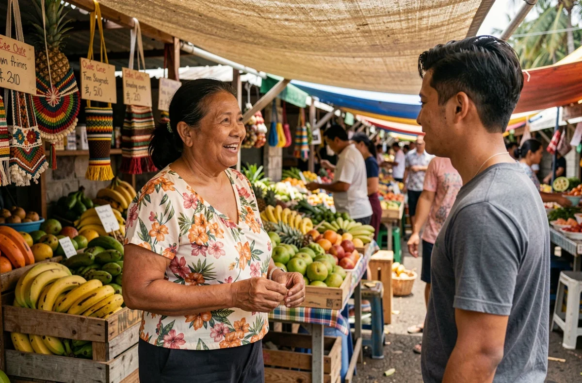 Femme d'origine polynésienne tenant un étal de marché local, scène évoquant le milieu social et les racines communautaires d'une famille