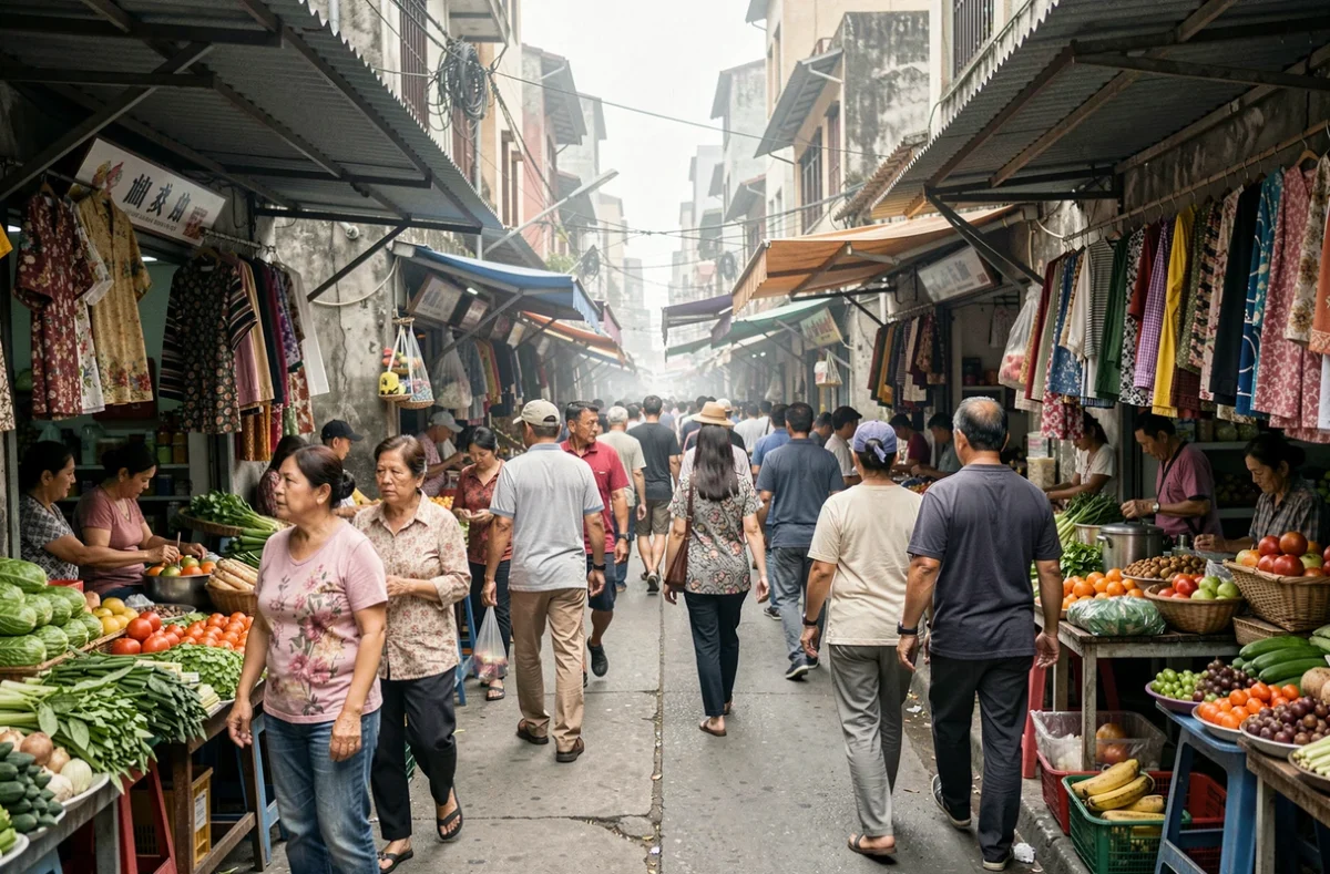 Marché urbain animé et très fréquenté en Asie illustrant la forte densité démographique des pays les plus peuplés du monde