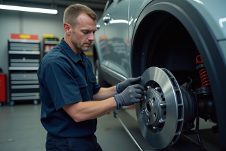 Mécanicien professionnel installant un disque de frein haute performance