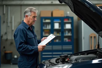 Mécanicien homme en coveralls examine un moteur dans un garage organisé
