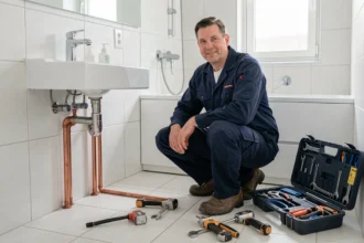 Plombier professionnel en uniforme bleu travaillant sur une installation de plomberie en Côte-d'Or