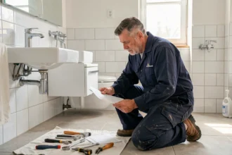 Un plombier professionnel en uniforme bleu marine inspecte une liste de vérification dans une salle de bain moderne en Eure-et-Loir