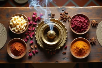 Mélange d'encens Louban avec résine, pétales de rose et badiane présentés dans des bols en verre ambré sur une table en chêne rustique