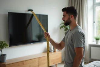 Homme mesurant la diagonale d'un téléviseur avec un mètre ruban pour convertir les pouces en centimètres