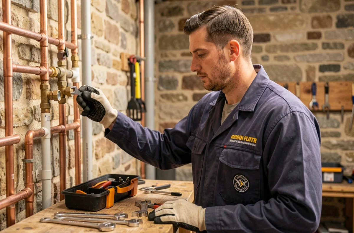 Plombier de MH-Services Humberset Matthias inspectant des canalisations dans une maison à Arcenant