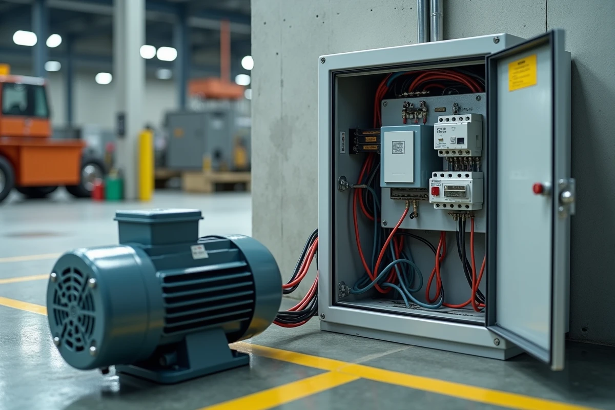 Moteur asynchrone triphasé connecté à un transformateur monophasé dans une armoire de commande industrielle ouverte