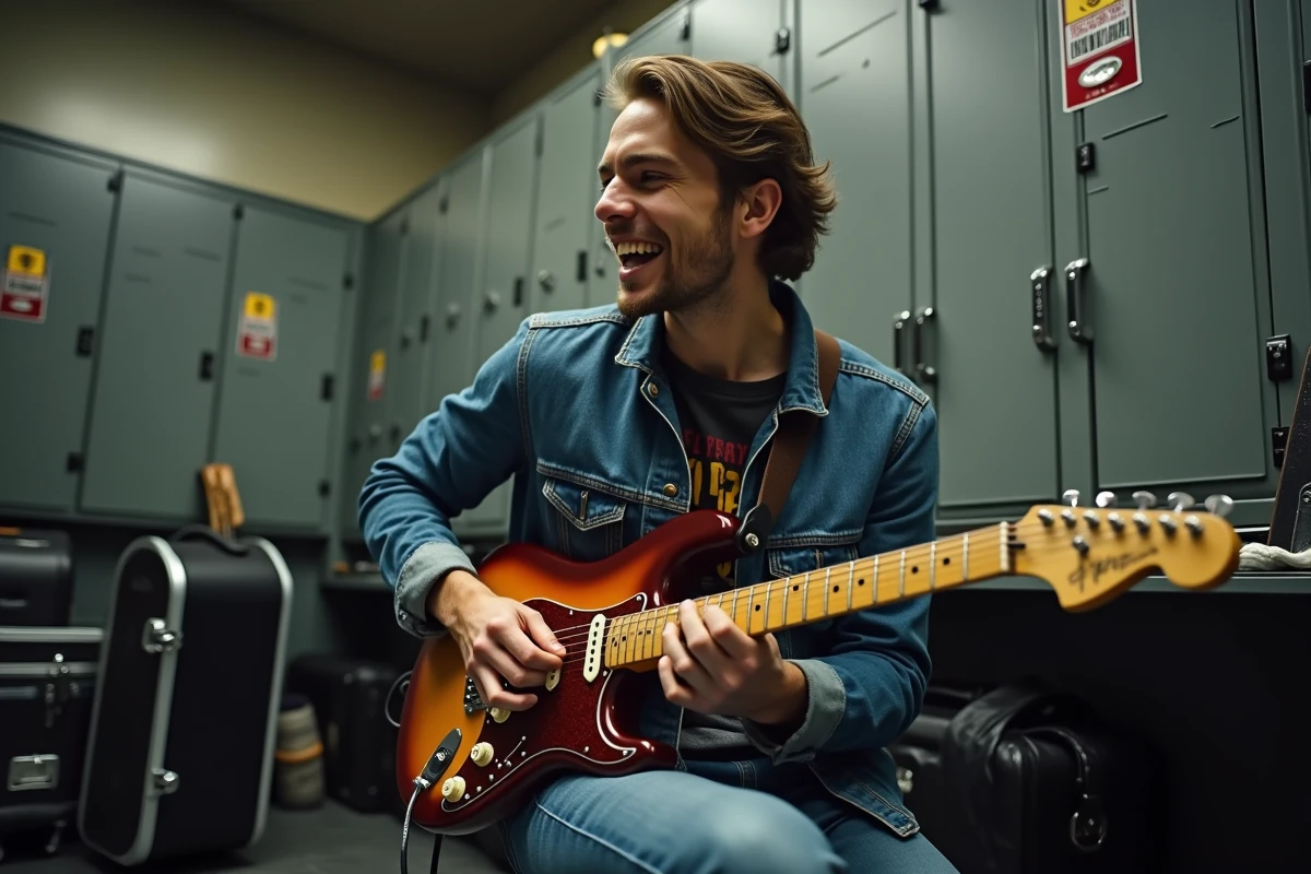 Musicien en backstage avec guitare avant un concert à Lyon